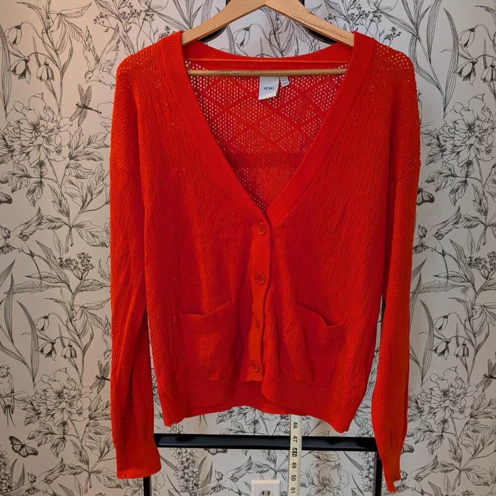 Ichi Red Button-Front Cardigan Sweater | 100% Cotton | Size M